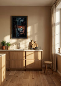 An energetic scene where a person jumps towards the light in an old, stone-paved alley-8