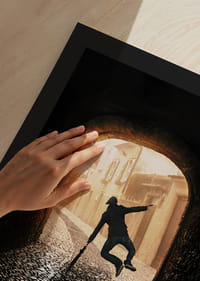 An energetic scene where a person jumps towards the light in an old, stone-paved alley-9