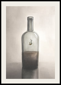 A symbolic depiction of inner captivity and reflection, where a solitary figure floats in the silence of a glass bottle.-2
