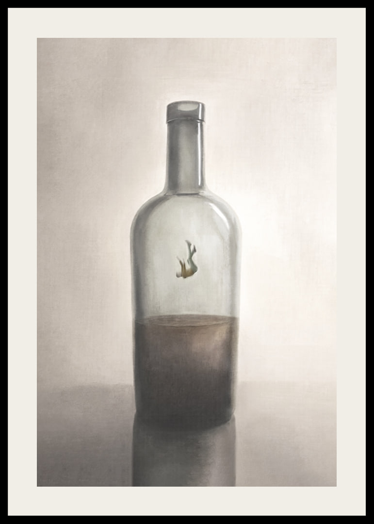 A symbolic depiction of inner captivity and reflection, where a solitary figure floats in the silence of a glass bottle.-12