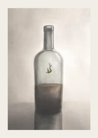 Symboliczne przedstawienie wewnętrznej niewoli i refleksji, gdzie samotna postać unosi się w ciszy szklanej butelki.-3