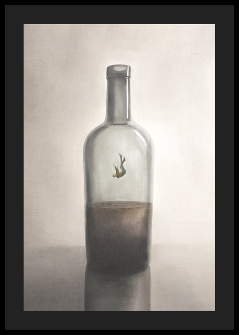 A symbolic depiction of inner captivity and reflection, where a solitary figure floats in the silence of a glass bottle.-12