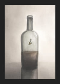 Symboliczne przedstawienie wewnętrznej niewoli i refleksji, gdzie samotna postać unosi się w ciszy szklanej butelki.-5