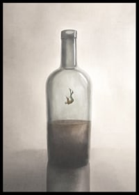 A symbolic depiction of inner captivity and reflection, where a solitary figure floats in the silence of a glass bottle.-6