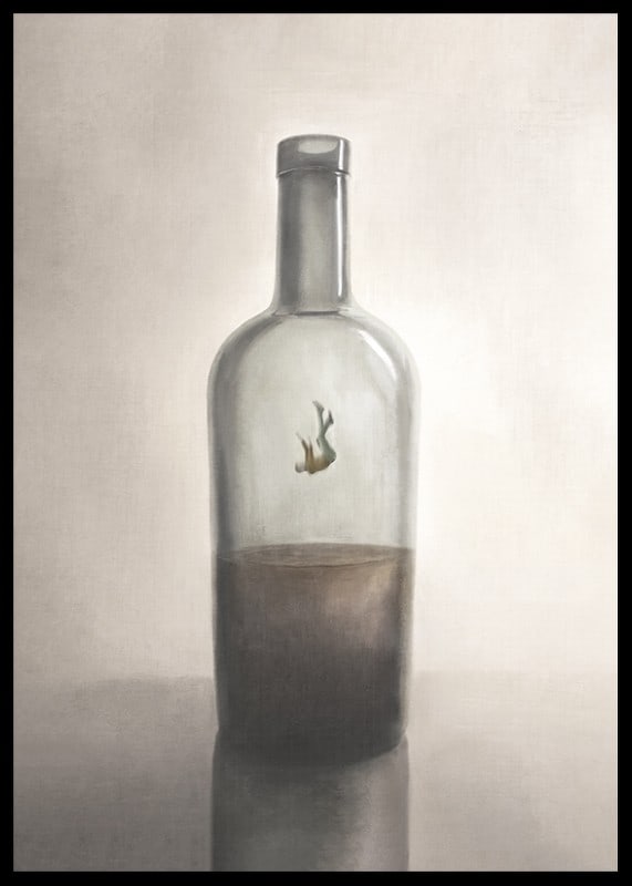 A symbolic depiction of inner captivity and reflection, where a solitary figure floats in the silence of a glass bottle.-12