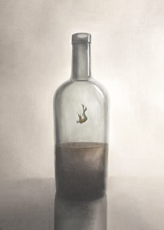 A symbolic depiction of inner captivity and reflection, where a solitary figure floats in the silence of a glass bottle.-12