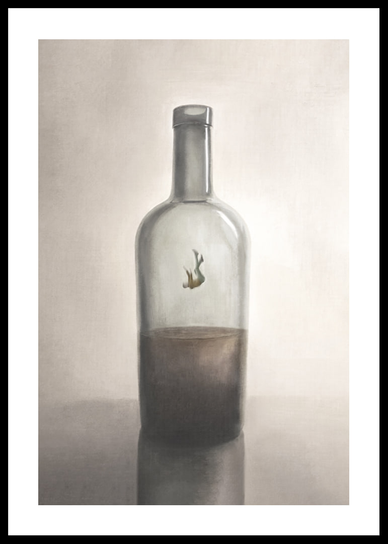 A symbolic depiction of inner captivity and reflection, where a solitary figure floats in the silence of a glass bottle.-12