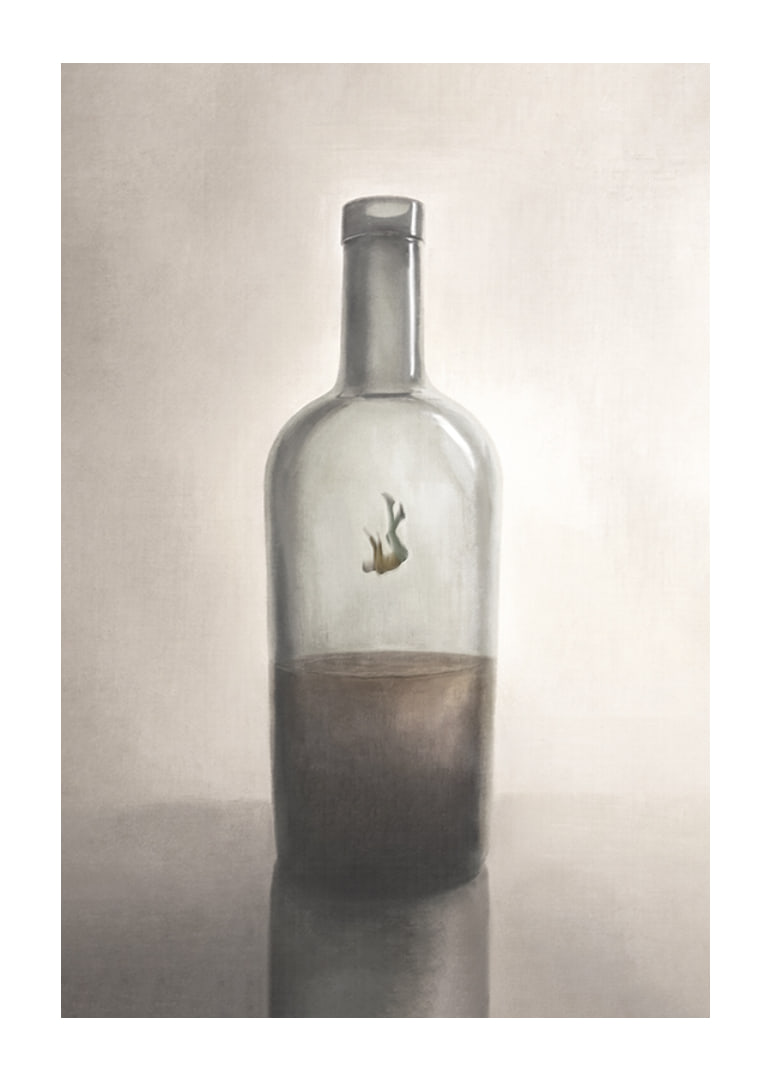 A symbolic depiction of inner captivity and reflection, where a solitary figure floats in the silence of a glass bottle.-12