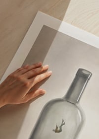A symbolic depiction of inner captivity and reflection, where a solitary figure floats in the silence of a glass bottle.-9