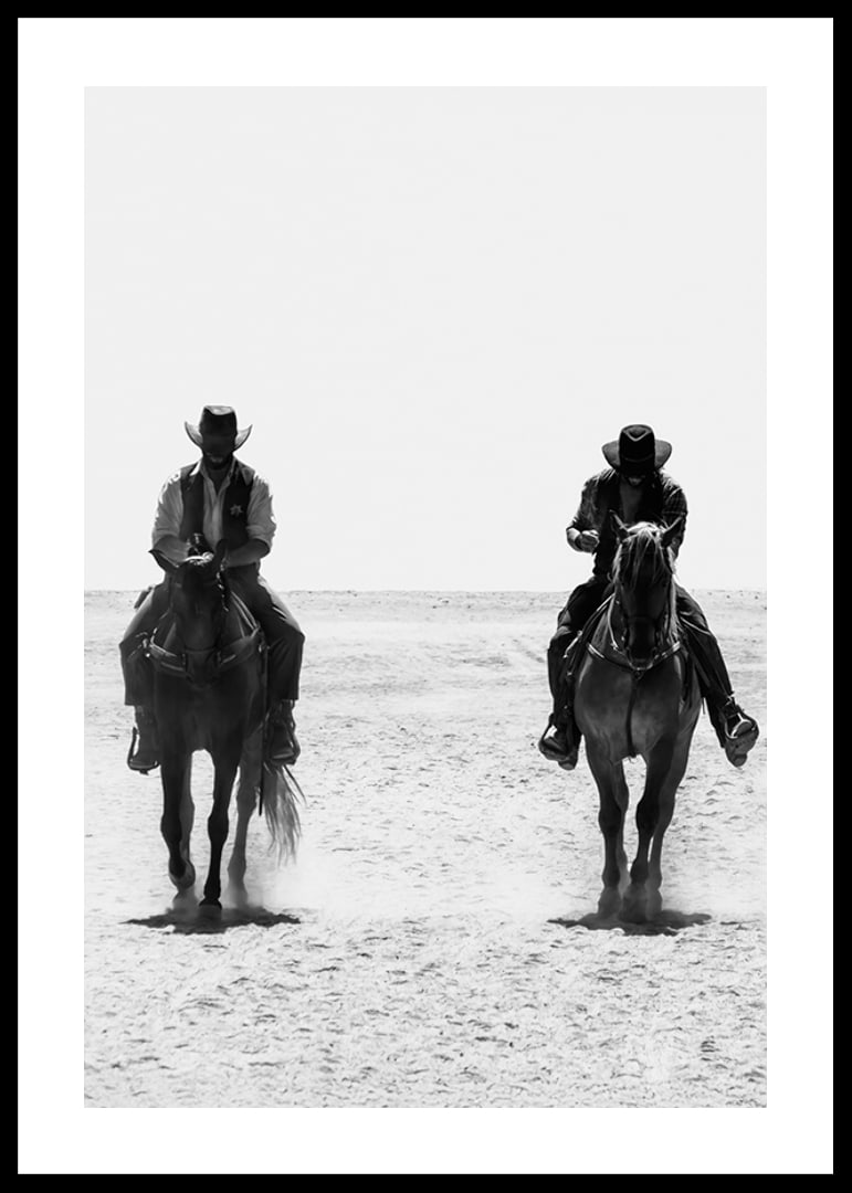 Two cowboys ride side by side through a desolate landscape, framed by the timeless mystery and freedom of the Wild West.-12