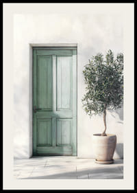 Grön vacker dörr som smyckas ut med hjälp av ett olivträd-2