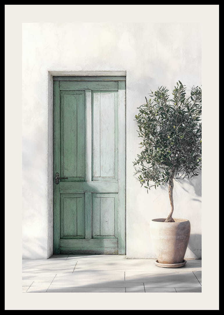 Grön vacker dörr som smyckas ut med hjälp av ett olivträd-12