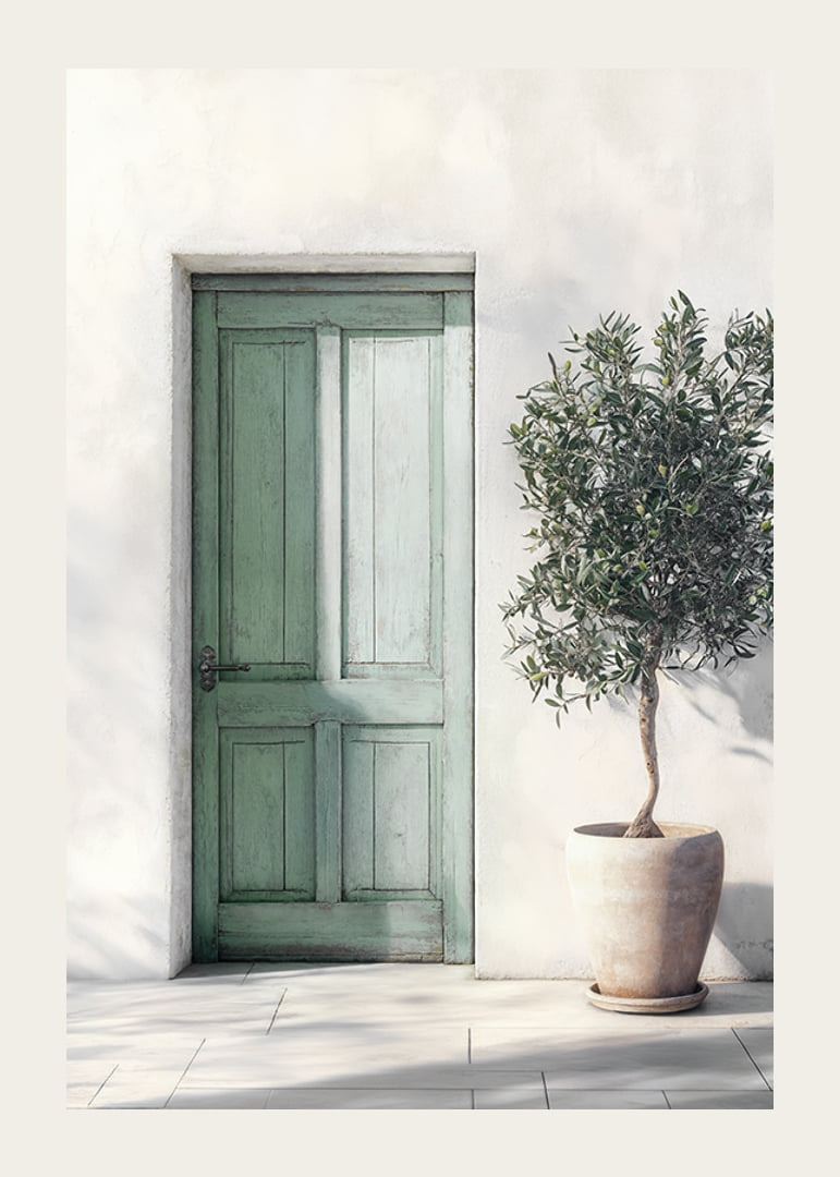 Beautiful green door decorated with an olive tree-12