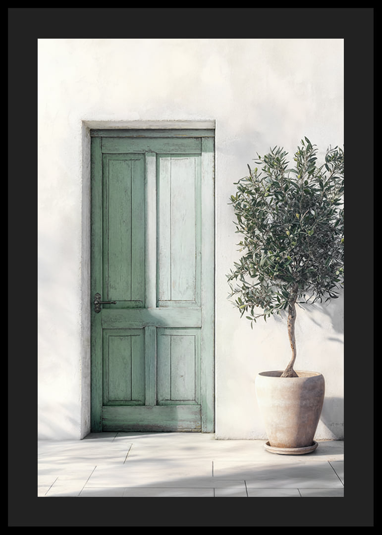 Beautiful green door decorated with an olive tree-12