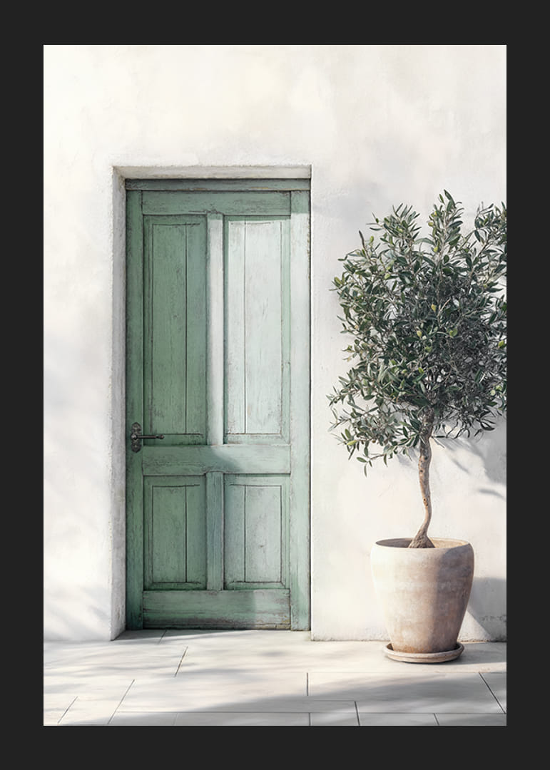 Grön vacker dörr som smyckas ut med hjälp av ett olivträd-12
