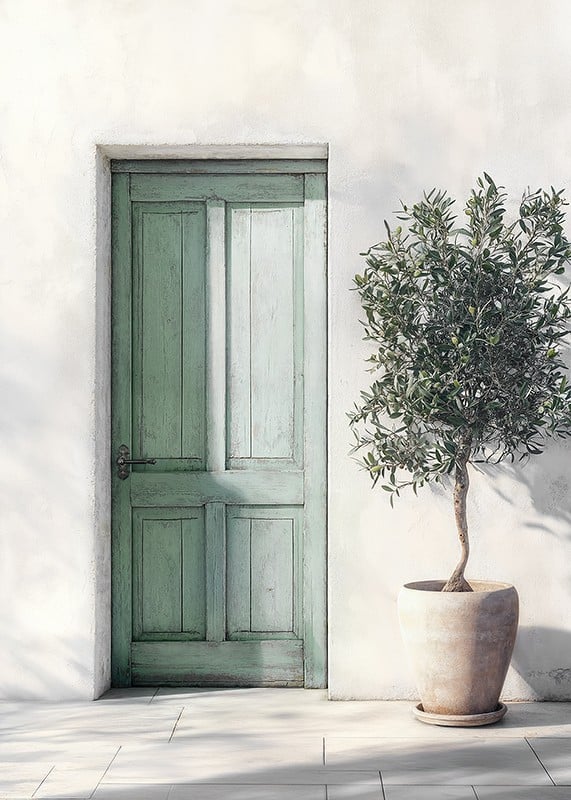 Beautiful green door decorated with an olive tree-12