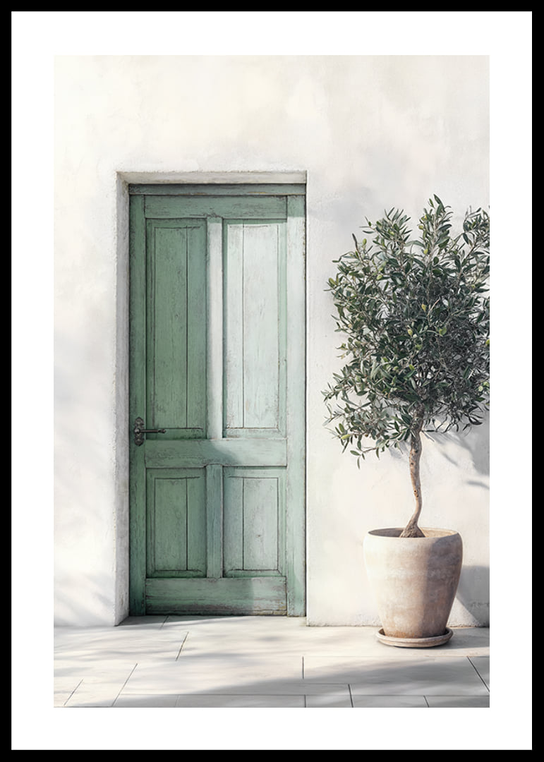 Beautiful green door decorated with an olive tree-12