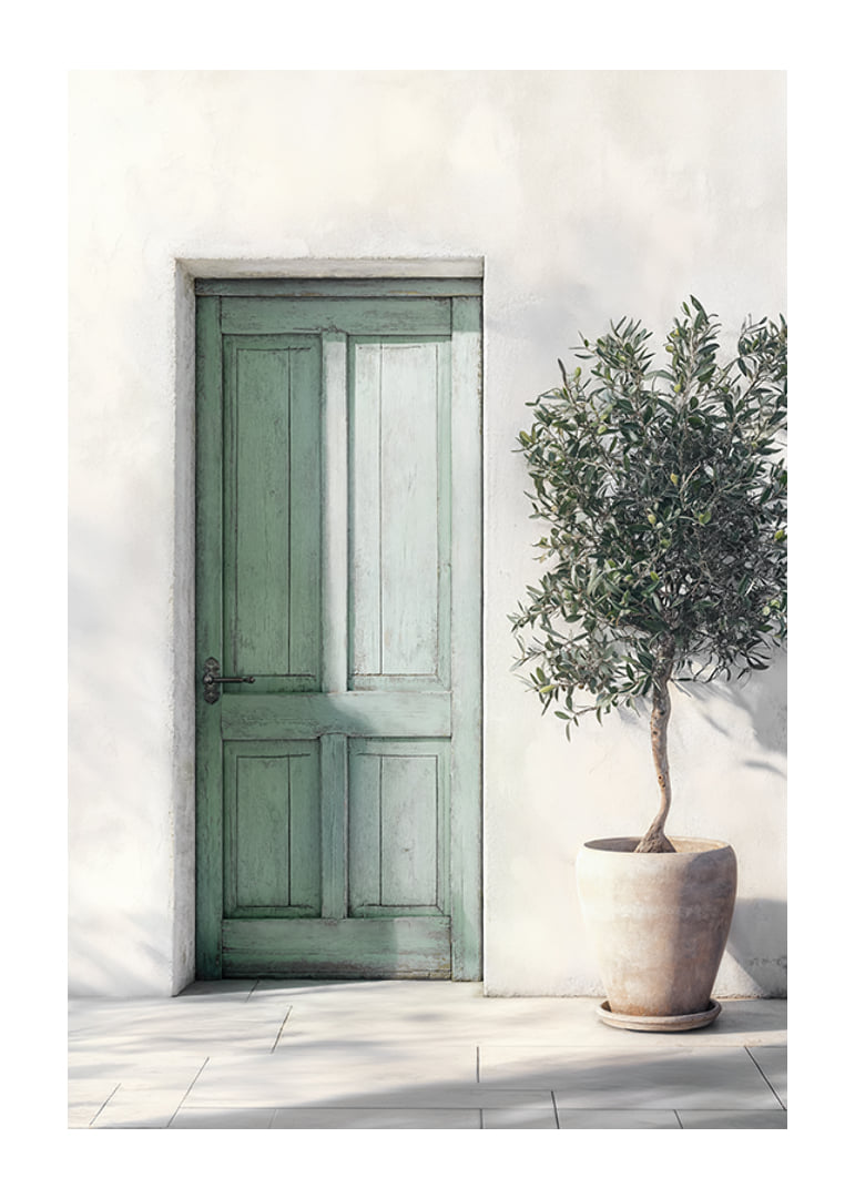 Beautiful green door decorated with an olive tree-12