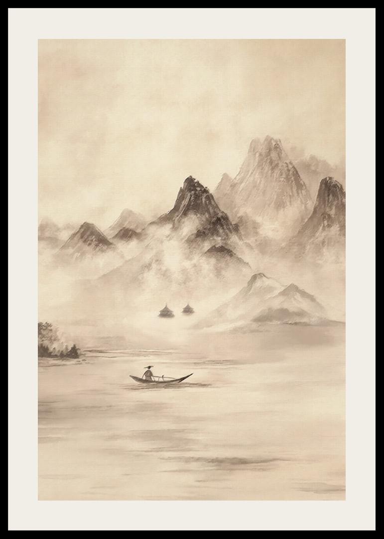 A lone fisherman surrounded by mountains shrouded in mist-12