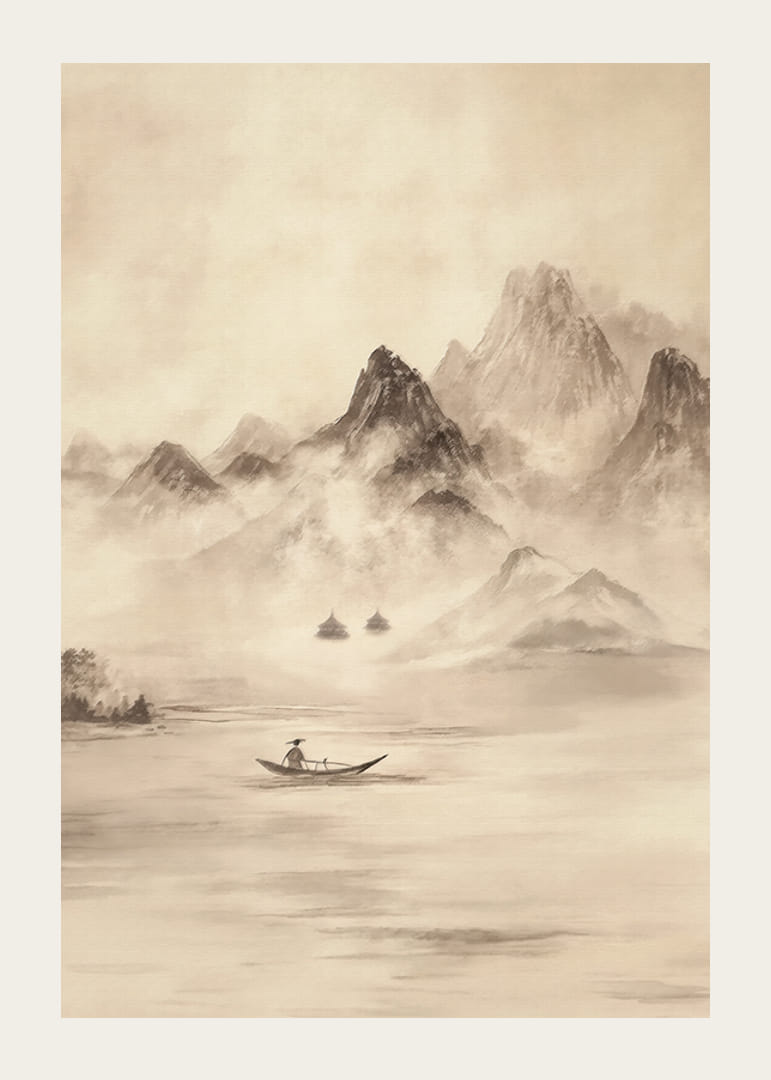 A lone fisherman surrounded by mountains shrouded in mist-12