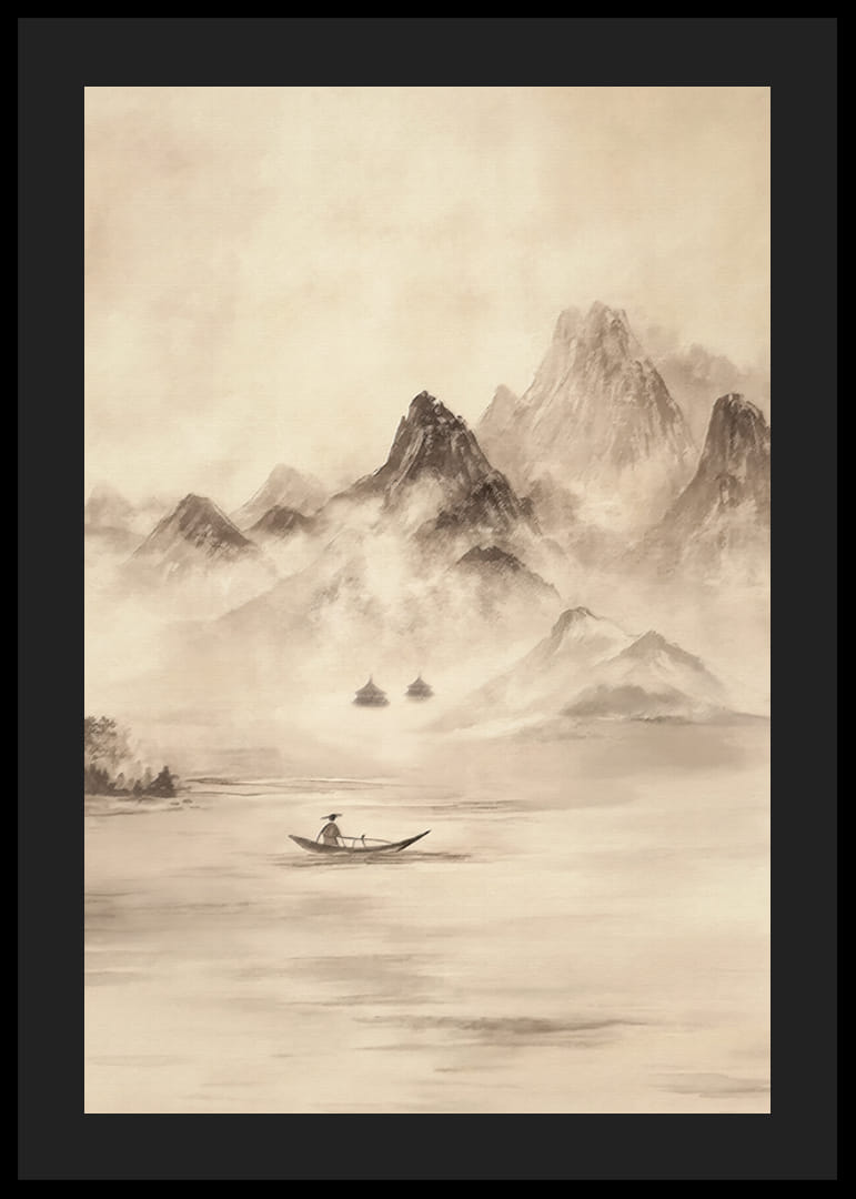 A lone fisherman surrounded by mountains shrouded in mist-12