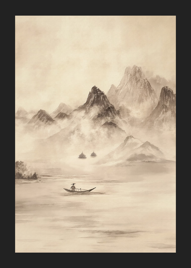 A lone fisherman surrounded by mountains shrouded in mist-12