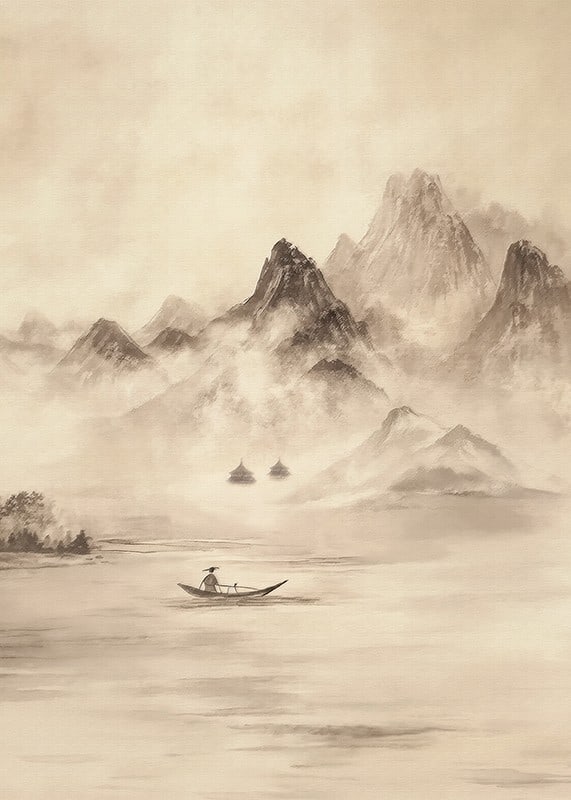 A lone fisherman surrounded by mountains shrouded in mist-12