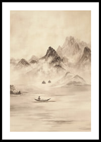 A lone fisherman surrounded by mountains shrouded in mist-0