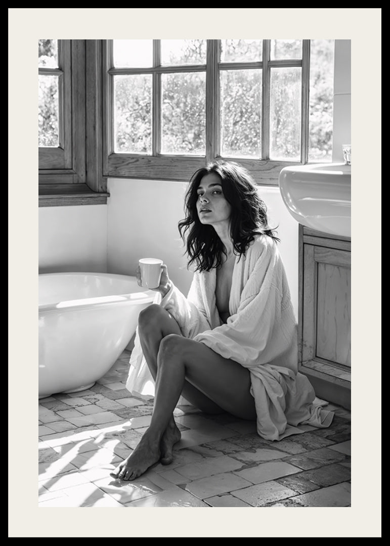 A woman sits in her bathroom with her morning cup and thinks-12