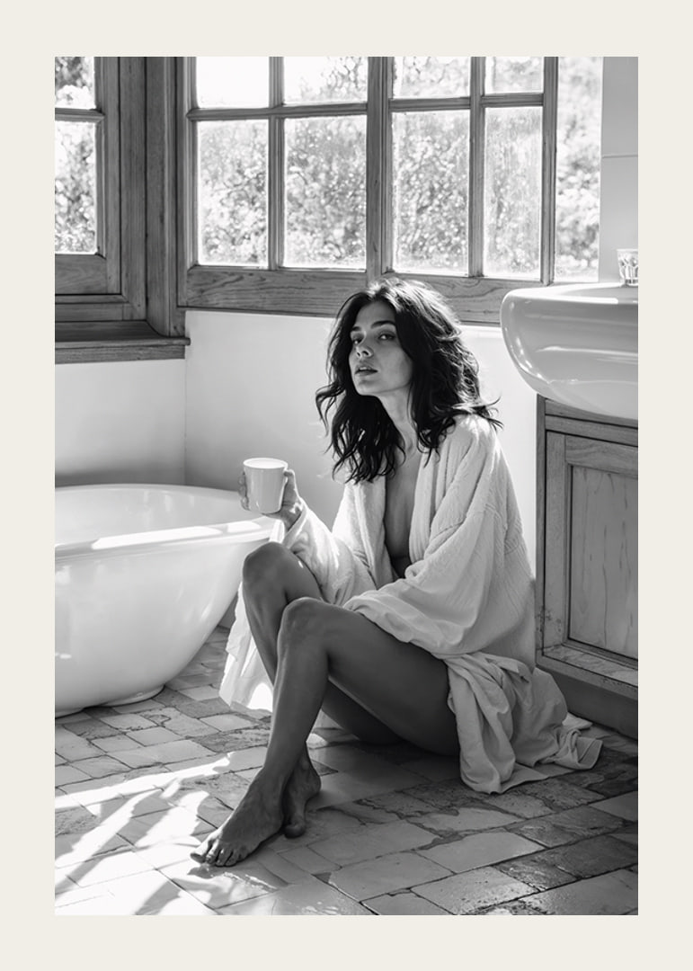 A woman sits in her bathroom with her morning cup and thinks-12
