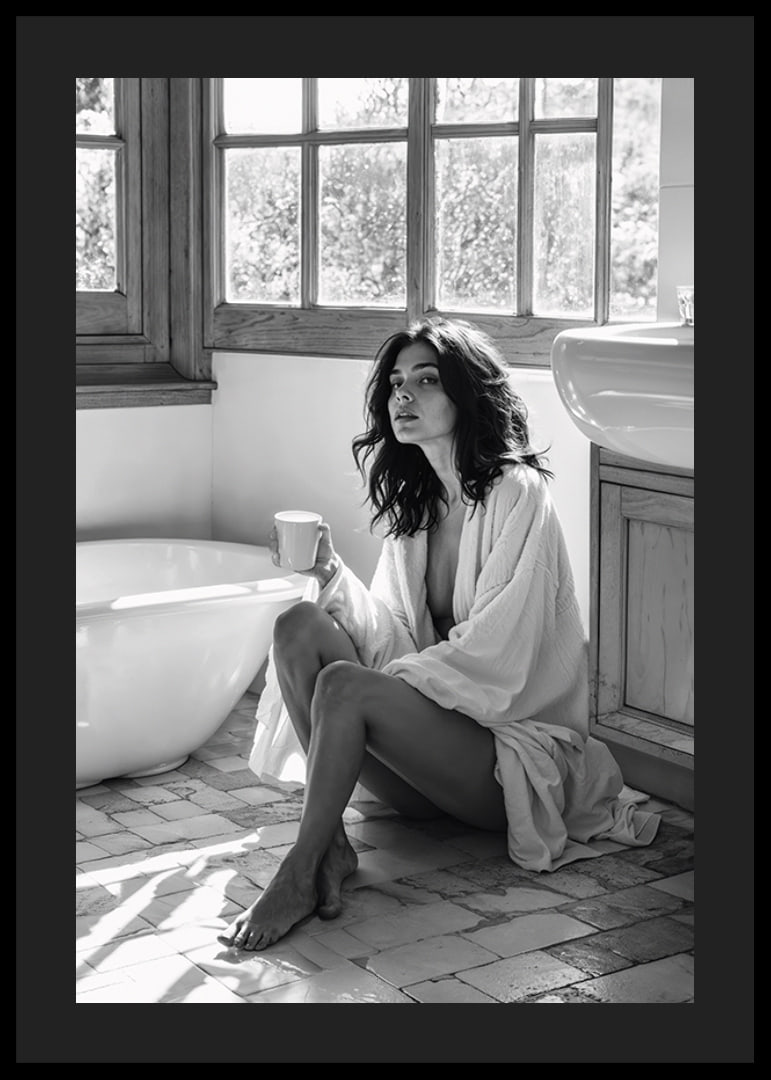 A woman sits in her bathroom with her morning cup and thinks-12