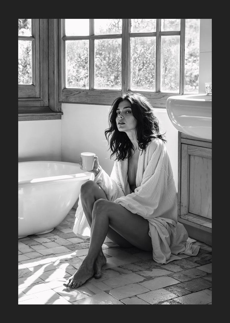 A woman sits in her bathroom with her morning cup and thinks-12