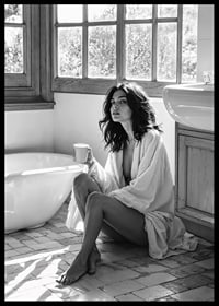 A woman sits in her bathroom with her morning cup and thinks-6