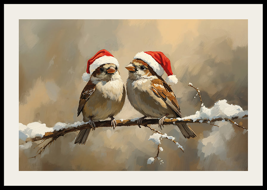 Two sparrows in Santa hats sit on a snow-covered branch and spread the charm and joy of Christmas.-12
