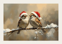 Du žvirbliai Kalėdų Senelio skrybėlėmis sėdi ant apsnigtos šakos ir skleidžia Kalėdų žavesį bei džiaugsmą.-3