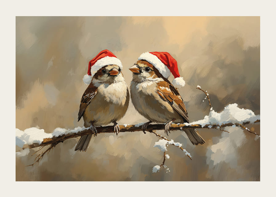Du žvirbliai Kalėdų Senelio skrybėlėmis sėdi ant apsnigtos šakos ir skleidžia Kalėdų žavesį bei džiaugsmą.-12