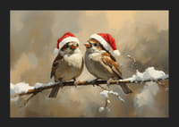 Du žvirbliai Kalėdų Senelio skrybėlėmis sėdi ant apsnigtos šakos ir skleidžia Kalėdų žavesį bei džiaugsmą.-5