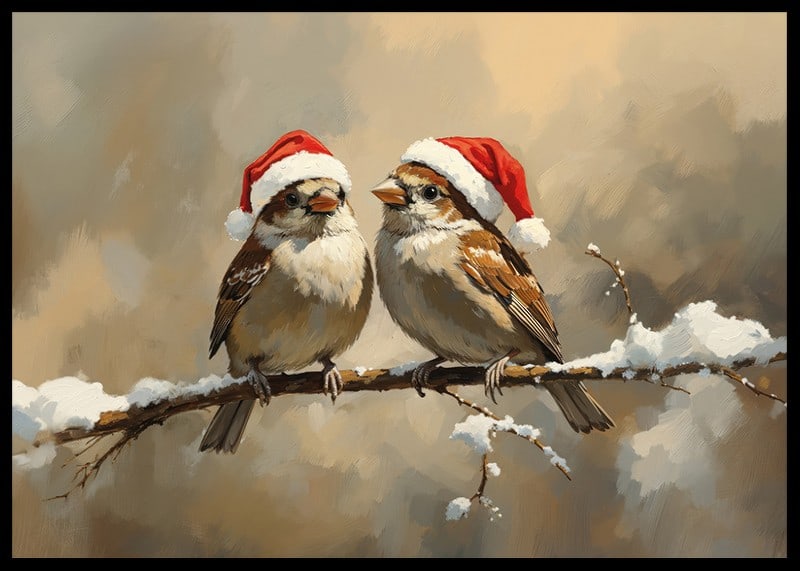 Two sparrows in Santa hats sit on a snow-covered branch and spread the charm and joy of Christmas.-12