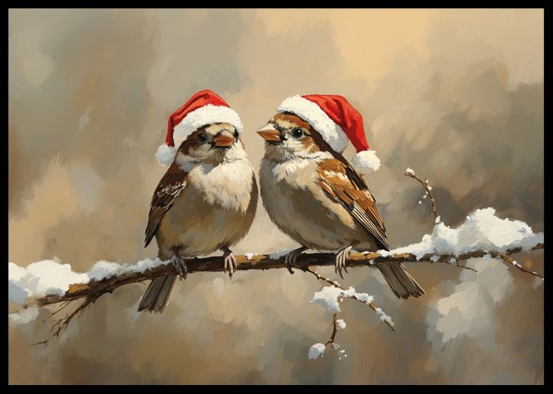 Two sparrows in Santa hats sit on a snow-covered branch and spread the charm and joy of Christmas.-12