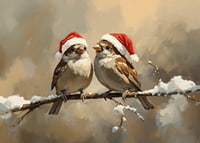 Two sparrows in Santa hats sit on a snow-covered branch and spread the charm and joy of Christmas.-7