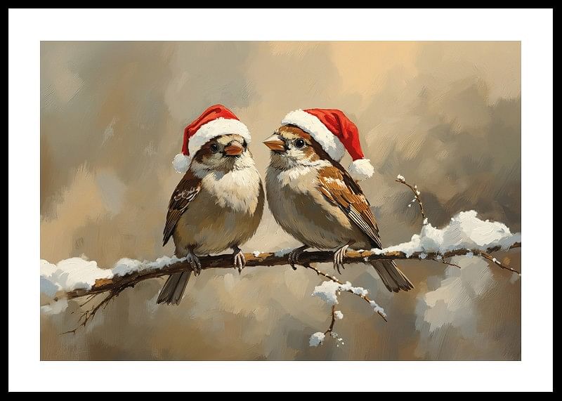 Two sparrows in Santa hats sit on a snow-covered branch and spread the charm and joy of Christmas.-12