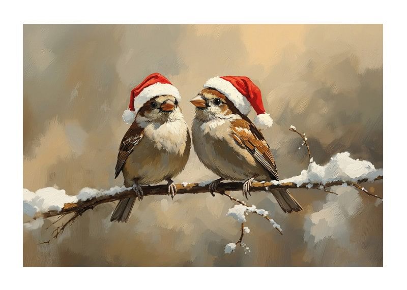 Two sparrows in Santa hats sit on a snow-covered branch and spread the charm and joy of Christmas.-12