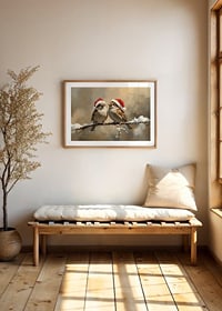 Two sparrows in Santa hats sit on a snow-covered branch and spread the charm and joy of Christmas.-8