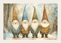 Vier charmante kerstmannen met kleurrijke hoeden staan ​​samen in een besneeuwd winterlandschap en verspreiden de magie van Kerstmis.-3