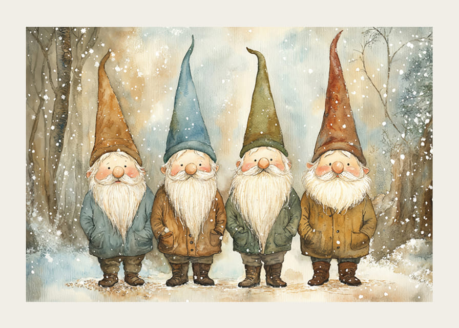 Vier charmante kerstmannen met kleurrijke hoeden staan ​​samen in een besneeuwd winterlandschap en verspreiden de magie van Kerstmis.-12