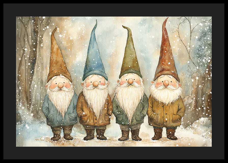 Vier charmante kerstmannen met kleurrijke hoeden staan ​​samen in een besneeuwd winterlandschap en verspreiden de magie van Kerstmis.-12