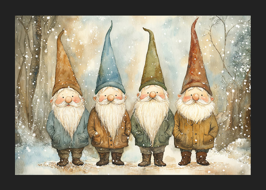 Vier charmante kerstmannen met kleurrijke hoeden staan ​​samen in een besneeuwd winterlandschap en verspreiden de magie van Kerstmis.-12