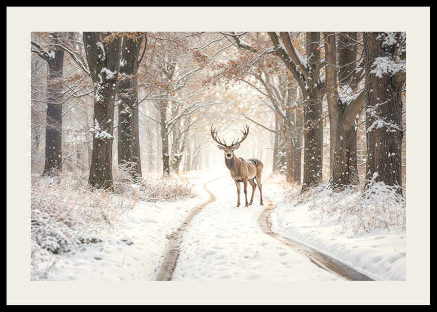 En ståtlig hjort står på en snötäckt skogsväg och utstrålar vintermagi och naturlig elegans.-12