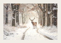 Ein stattlicher Hirsch steht auf einem verschneiten Waldweg und versprüht Winterzauber und natürliche Eleganz.-3