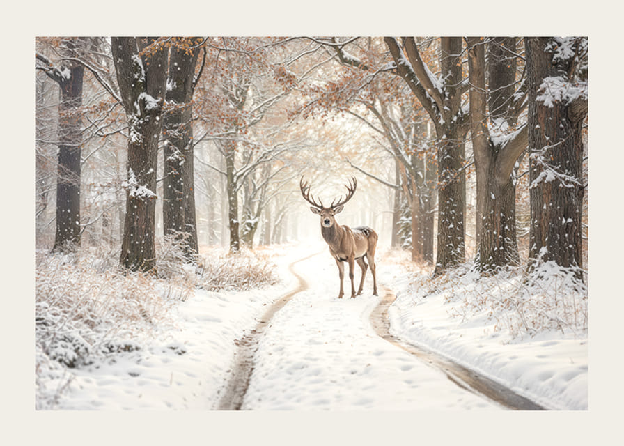En ståtlig hjort står på en snötäckt skogsväg och utstrålar vintermagi och naturlig elegans.-12